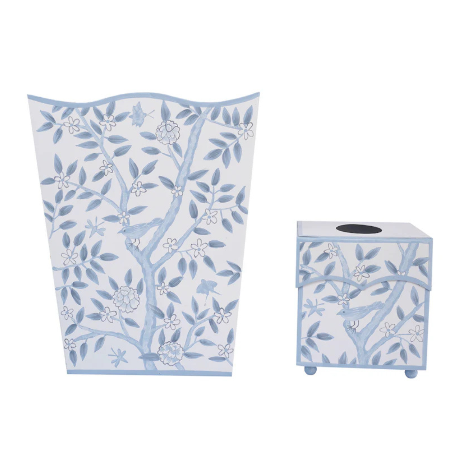 Blue & White Bird & Vine Wastepaper Basket & Tissue