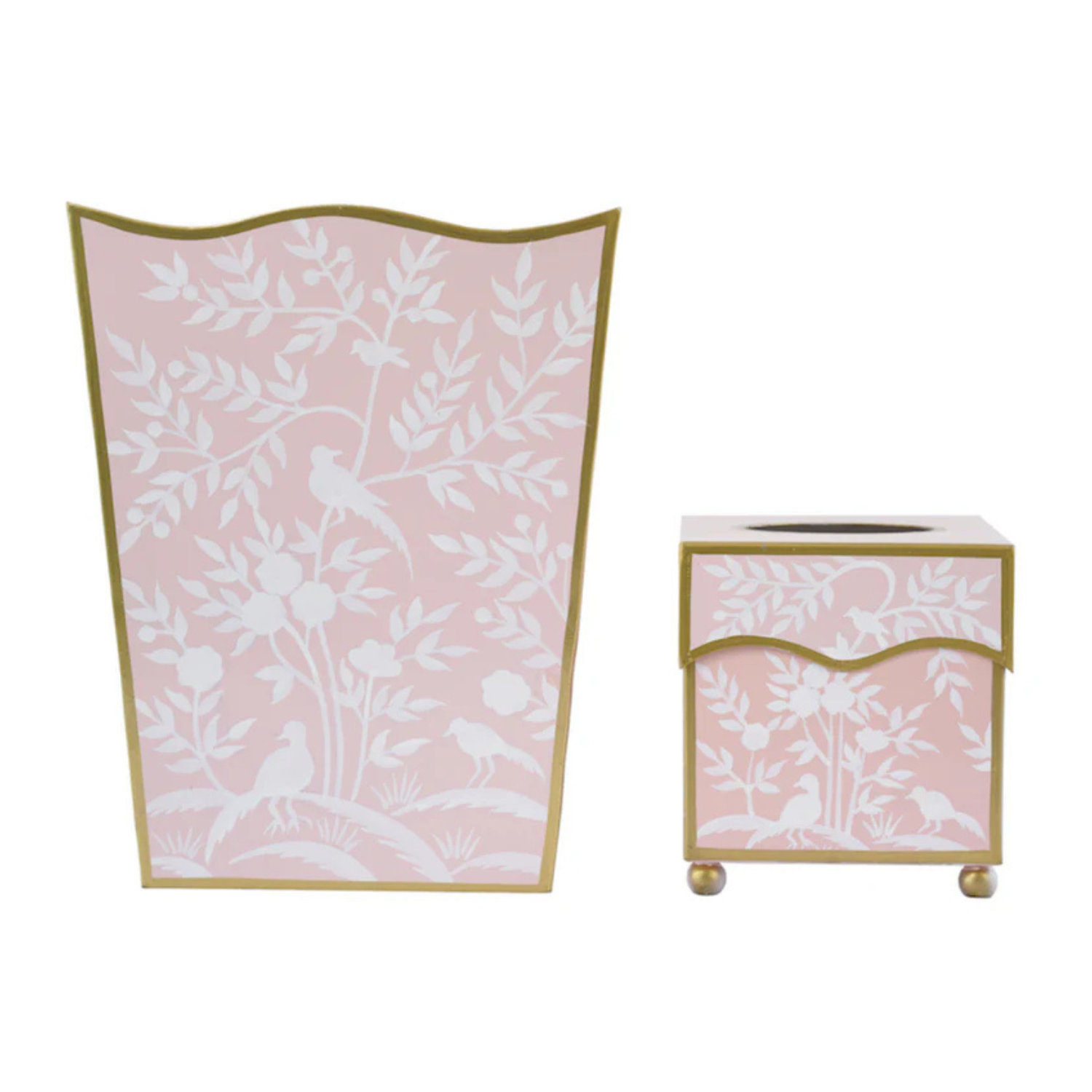 Pink Bird & Vine Wastepaper Basket & Tissue