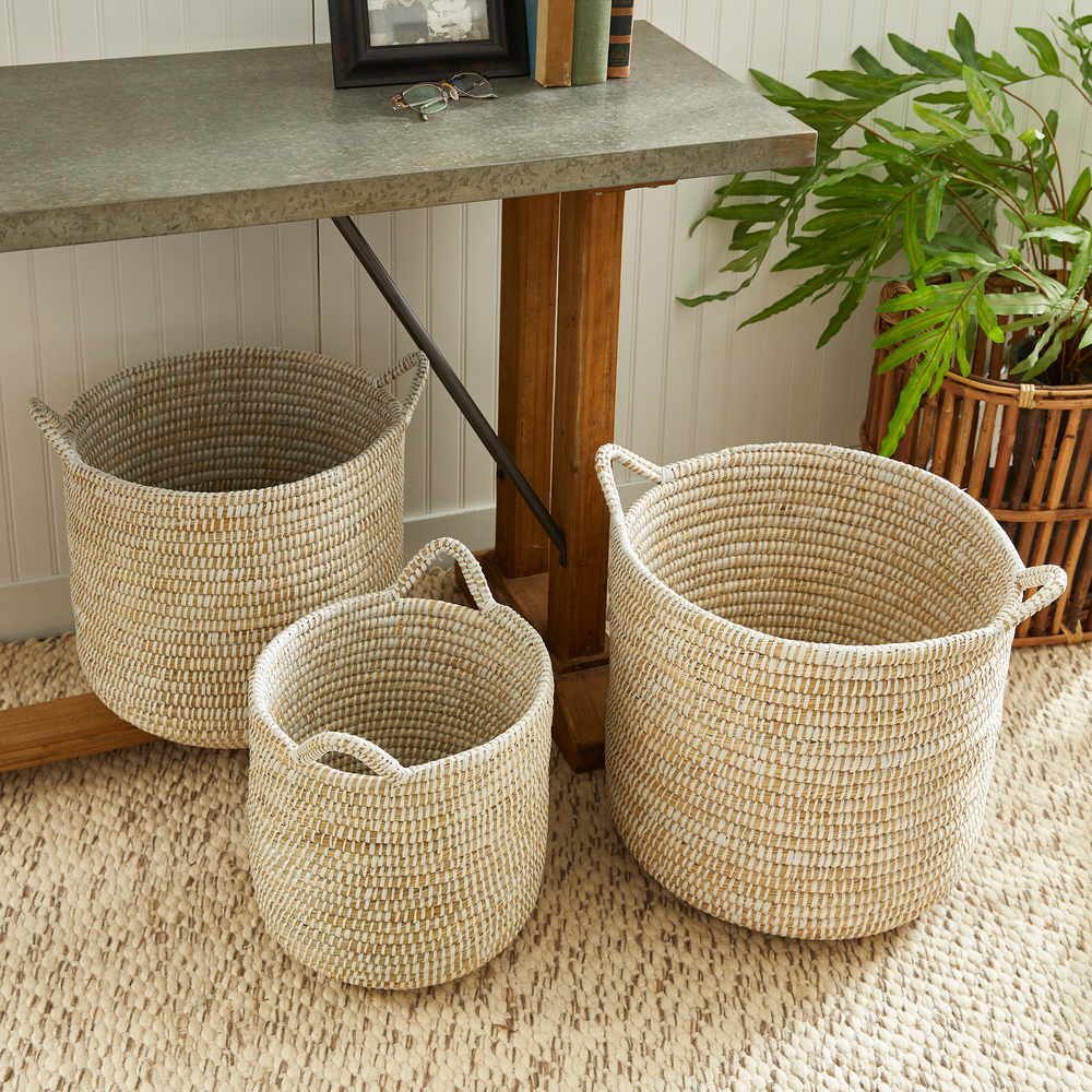 Rivergrass Round Baskets With Handles, Set Of 3