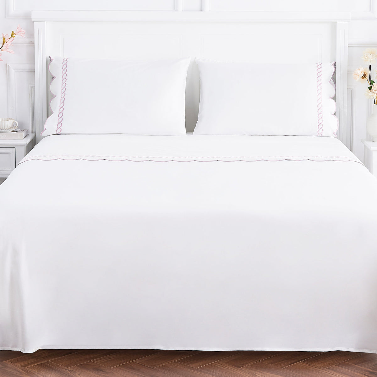 600 Thread Count Scallop Rope Embroidered Cotton Sheet Set