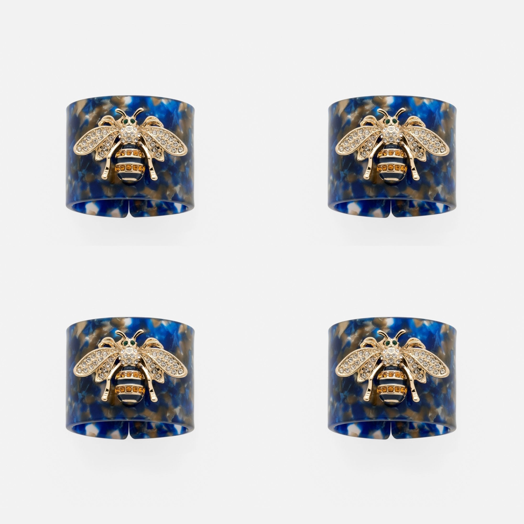 Stripey bee resin napkin rings, blue tortoiseshell, set of four