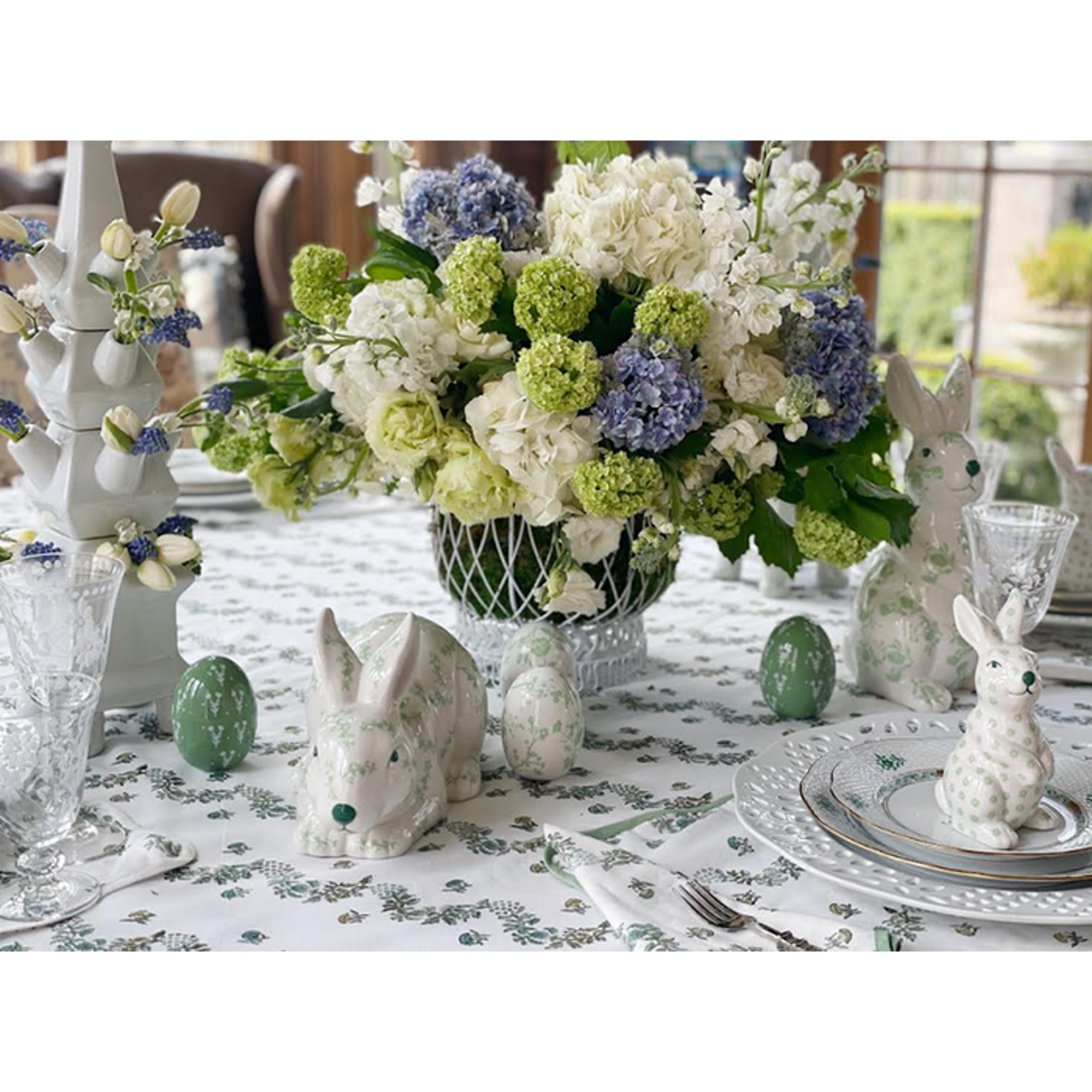 Green and White Floral Sitting Bunny