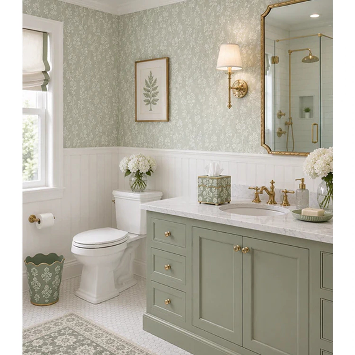 Green Floral Scalloped Wastepaper Basket & Tissue (2 Options)