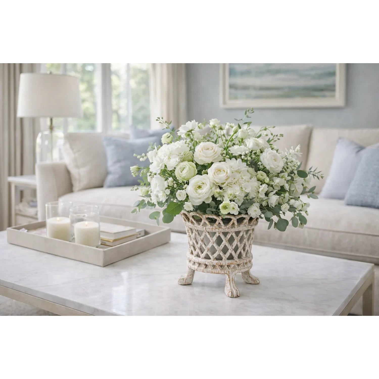Ivory & Gold Lattice Footed Planter