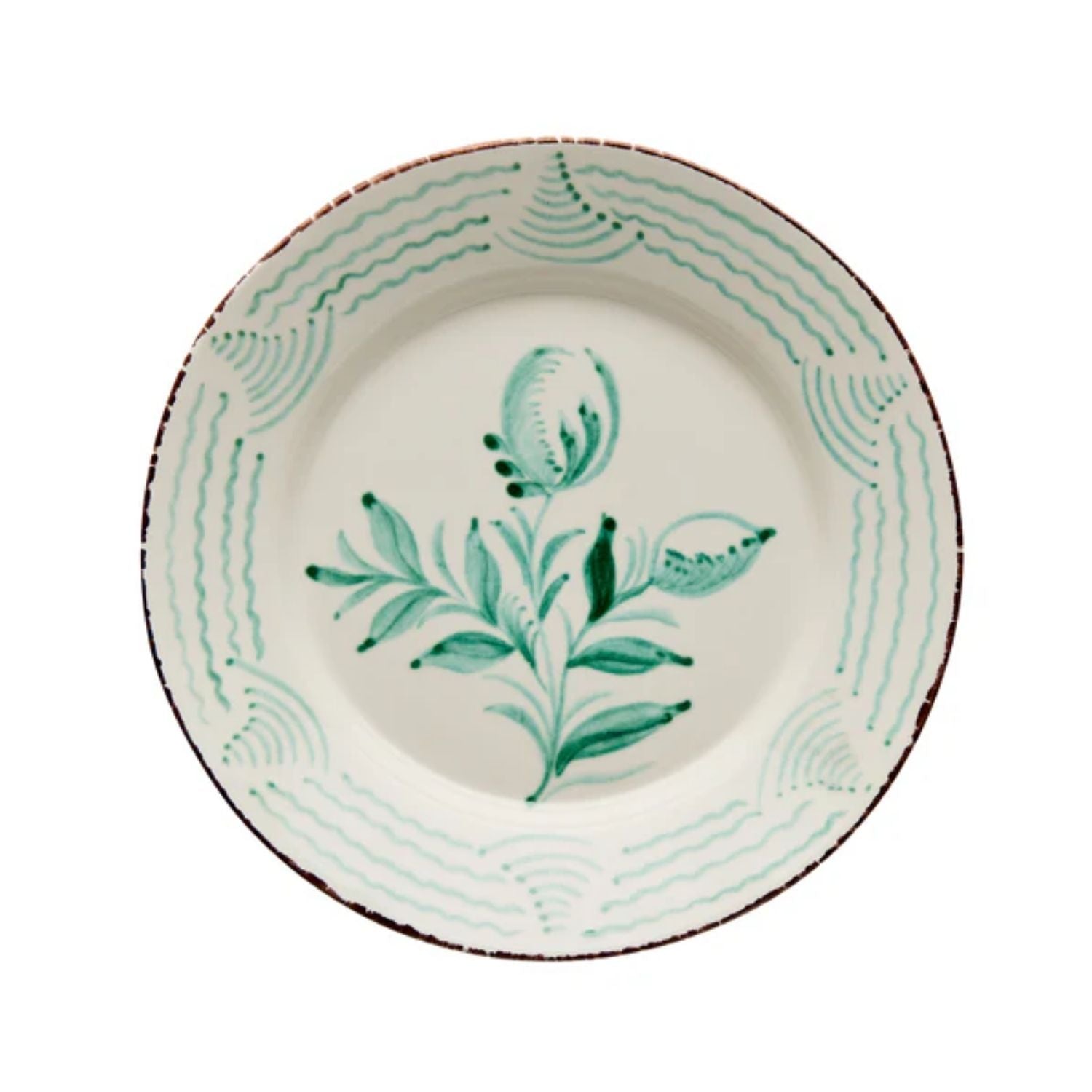 Casa Nuno Green and White Dinner Plate, 2 Flowers/Waves, Set of 2