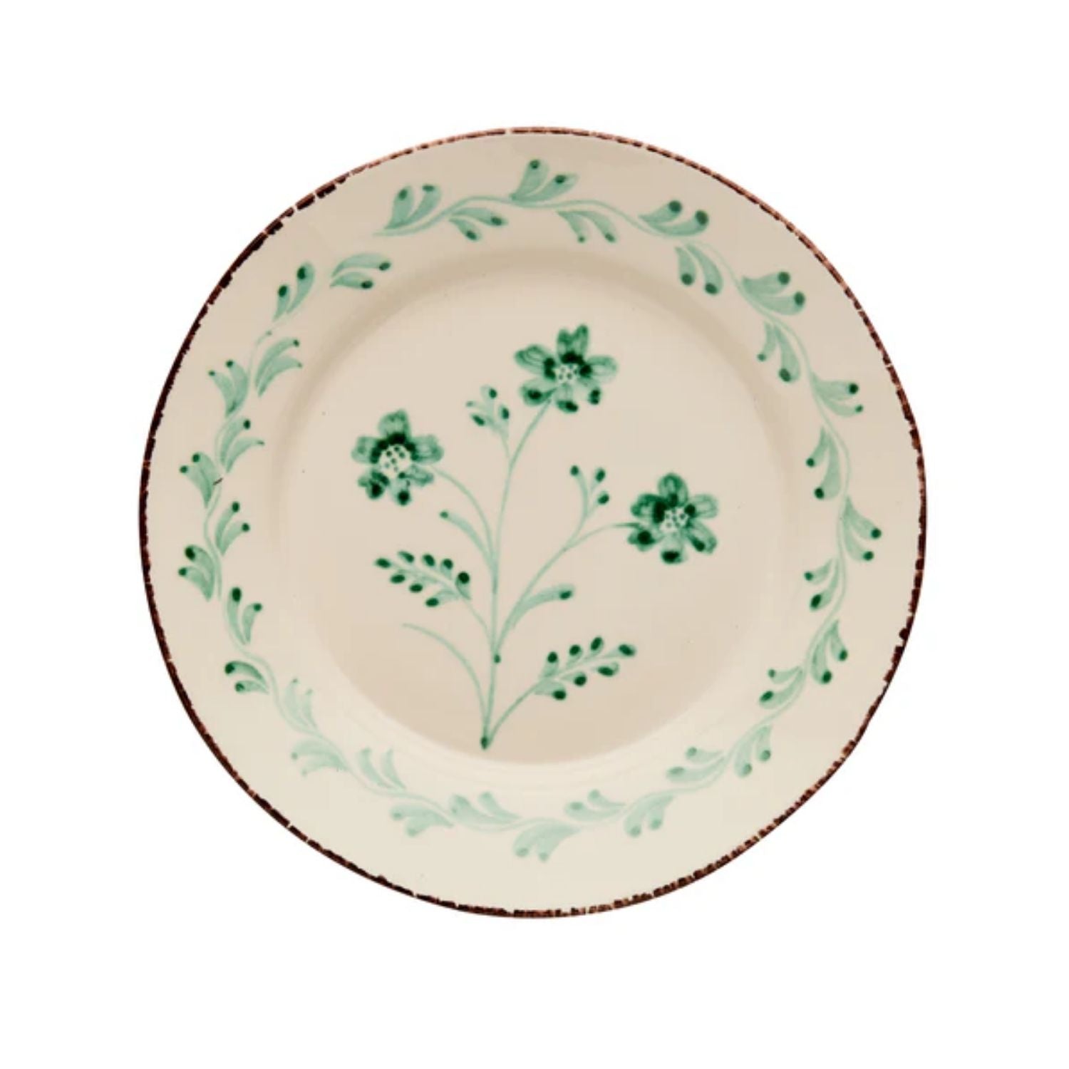 Casa Nuno Green and White Dinner Plate, 3 Flowers/Vines, Set of 2