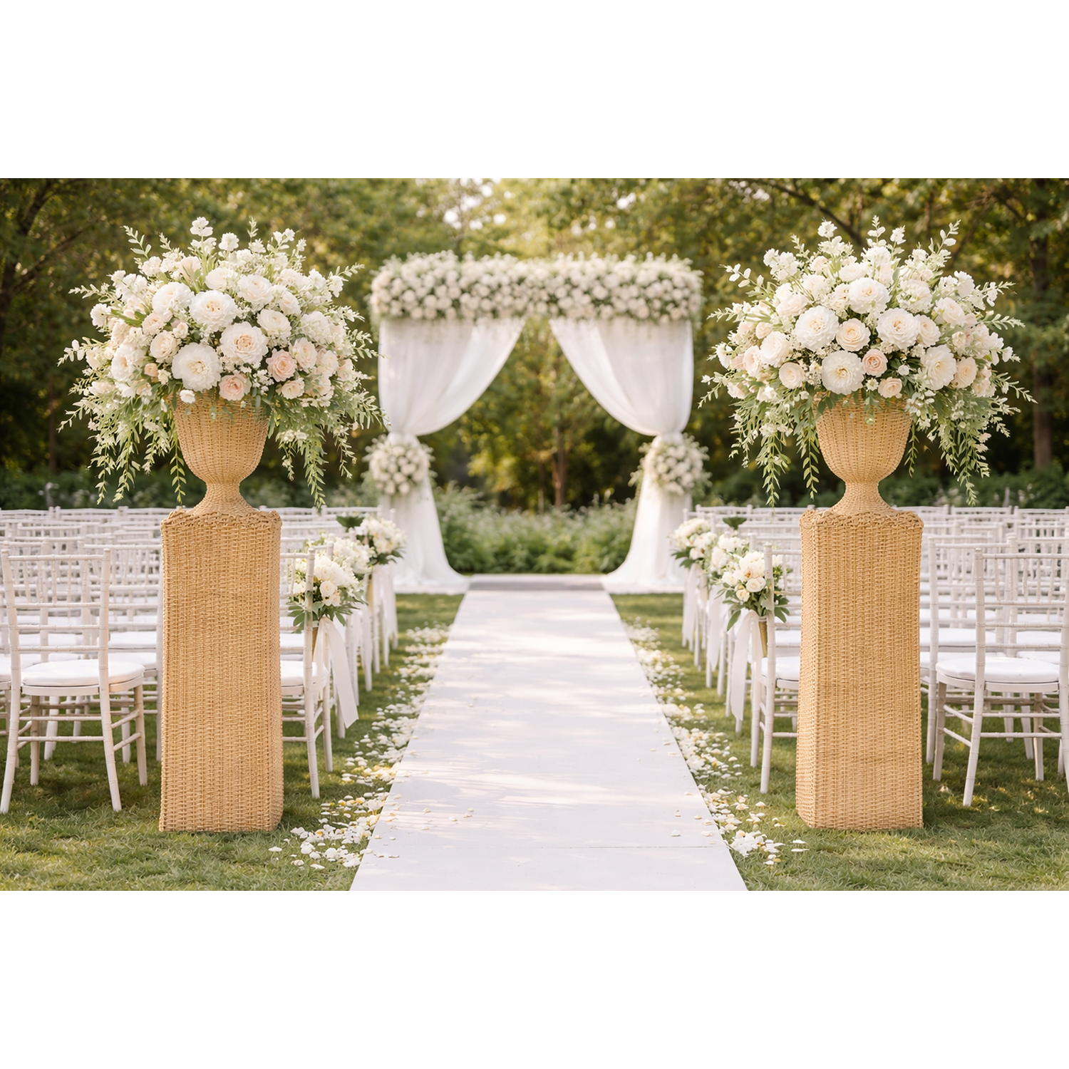 Square Scalloped Trim Wicker Urn and Pedestal