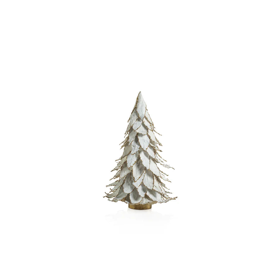 White Natural Leaf Christmas Tabletop Tree with Gold Trim