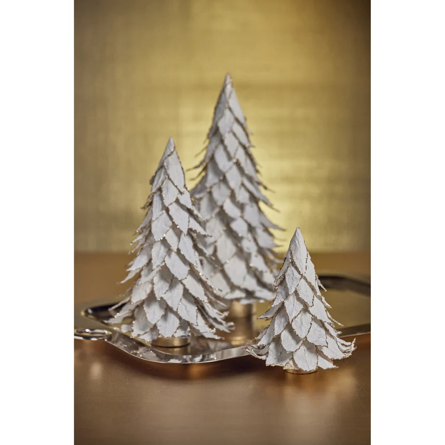 White Natural Leaf Christmas Tabletop Tree with Gold Trim