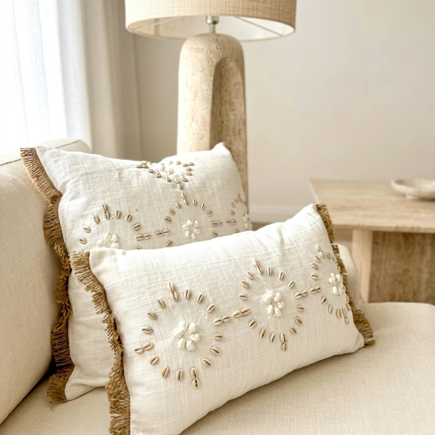 White Linen Pillow W/ Shells