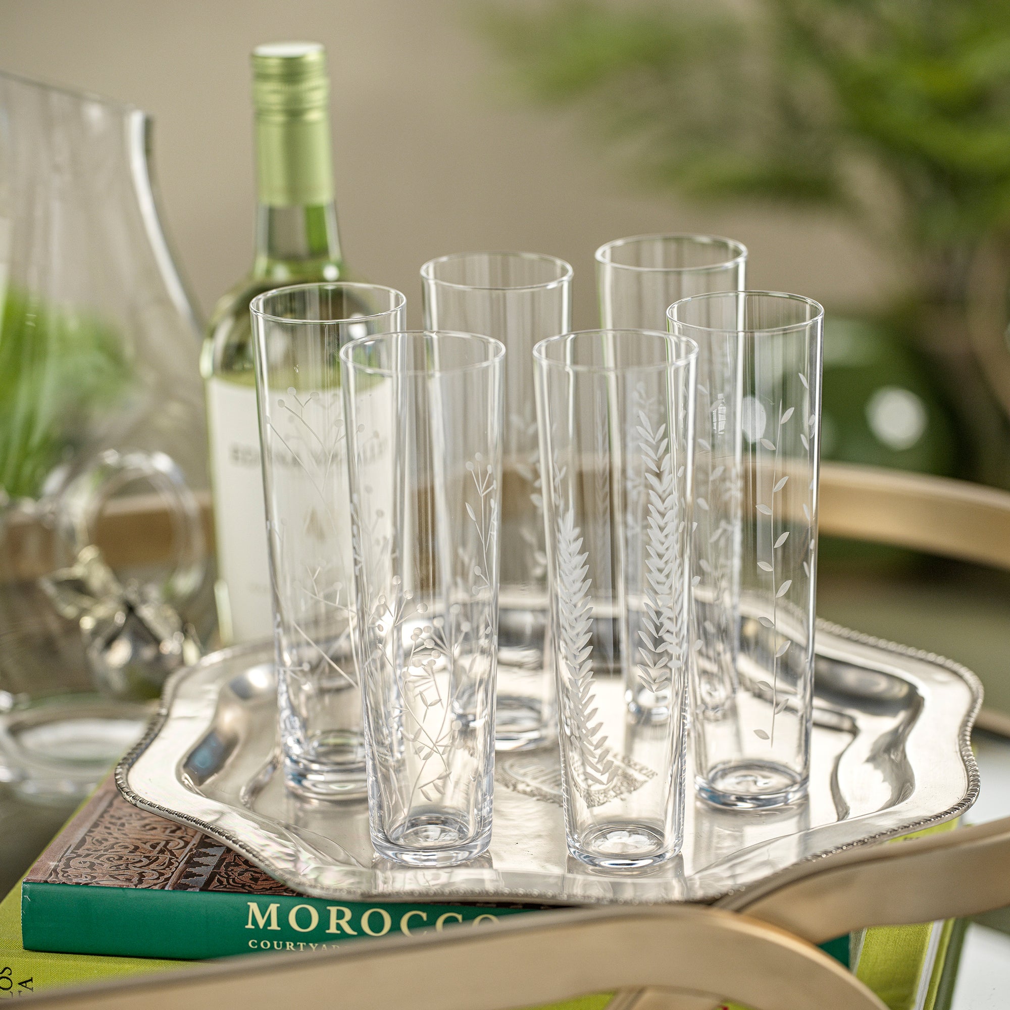 Crissa Assorted Botanical Etched Flutes, Set of 6