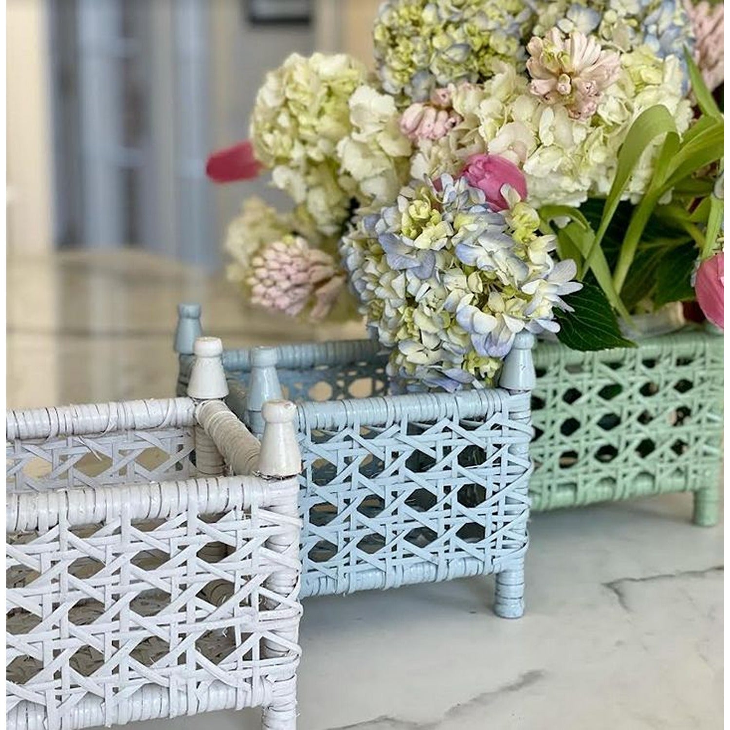 Mint Green Cane Wicker Box Planter