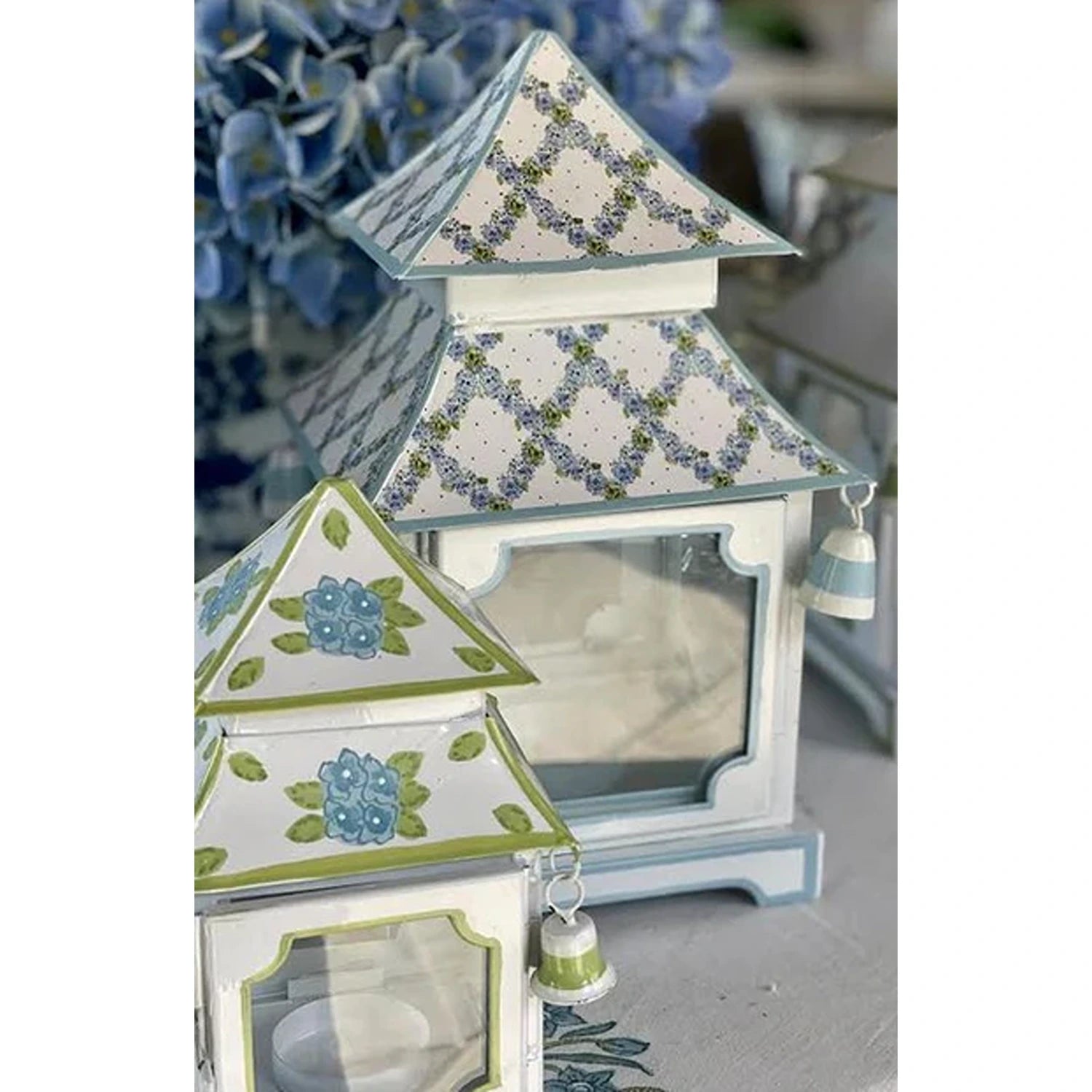 Soft Blue Hydrangea Garden Trellis Pagoda Lantern