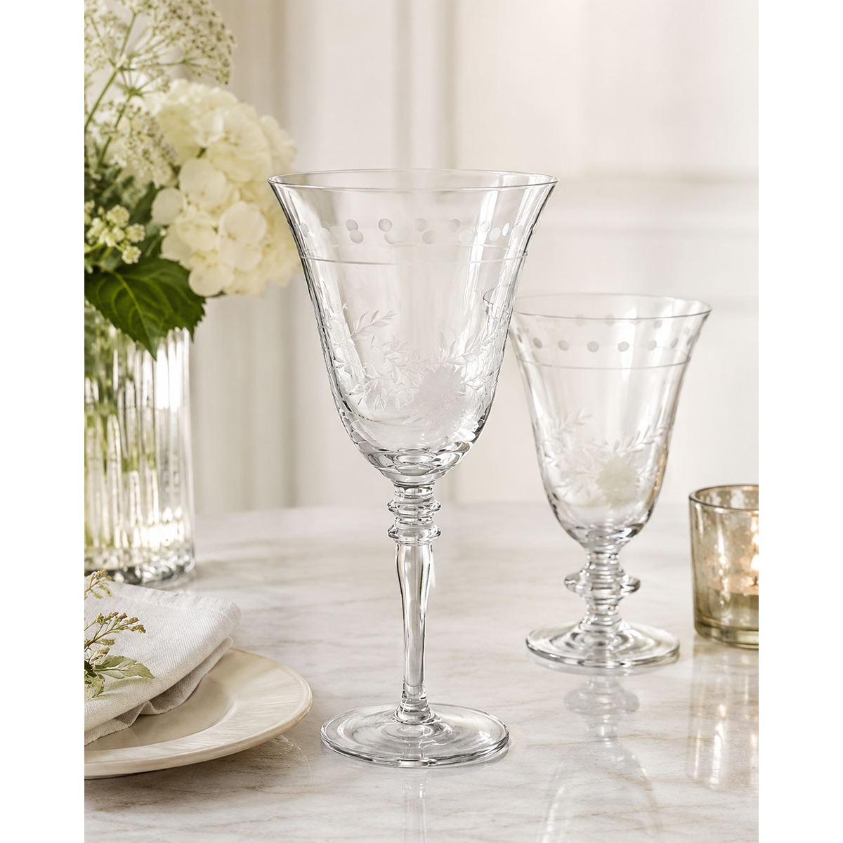 Set of 4 Garden Blossom Etched Glass Wine Glasses