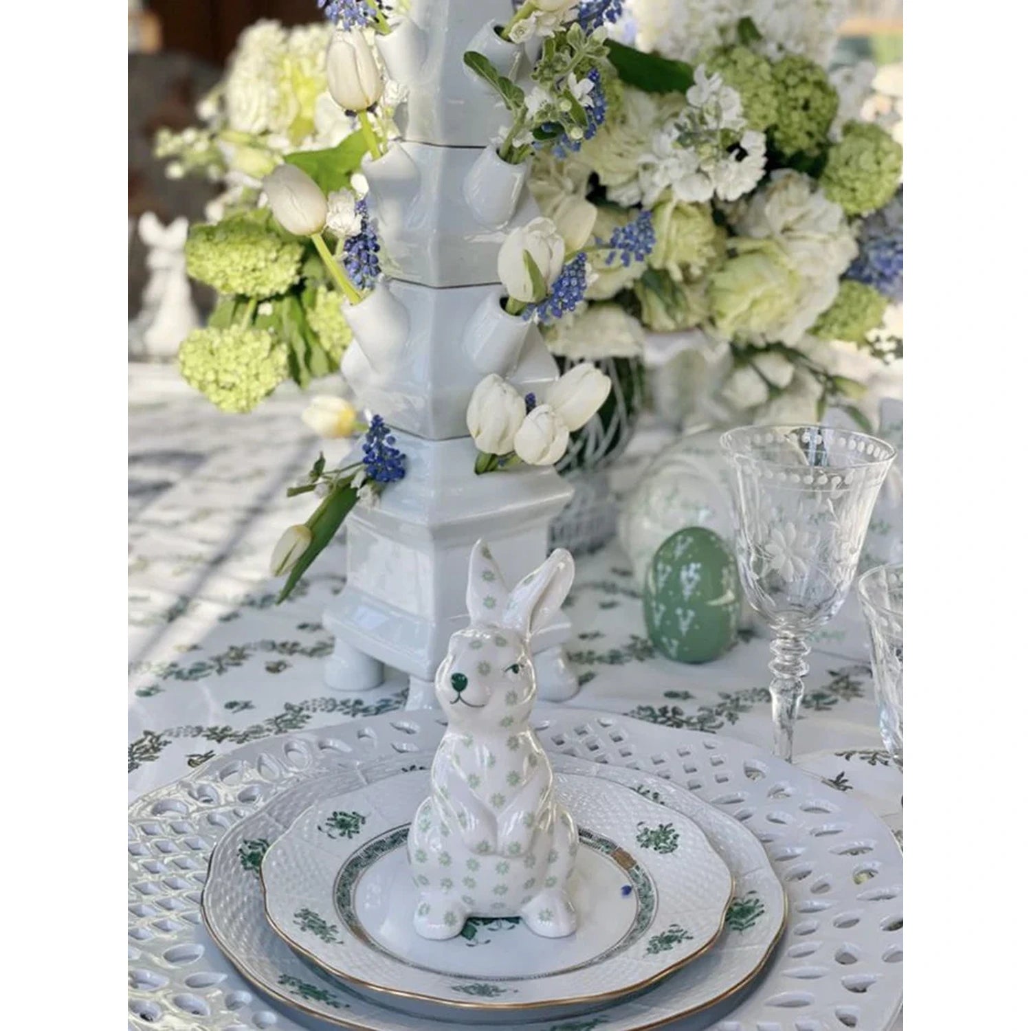 Small Green And White Floral Standing Bunny