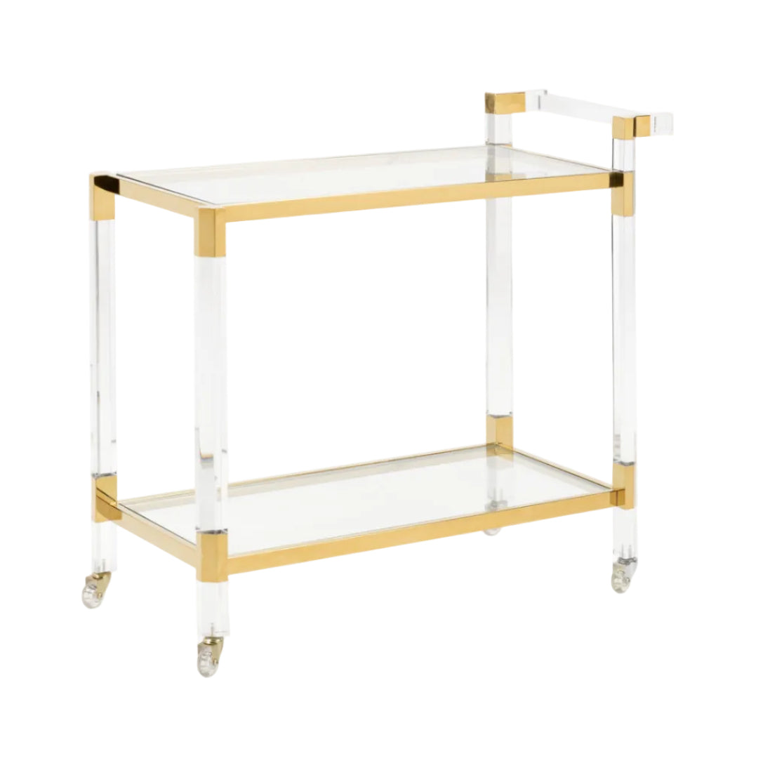 A clear acrylic and gold stainless steel bar cart with four caster wheels.