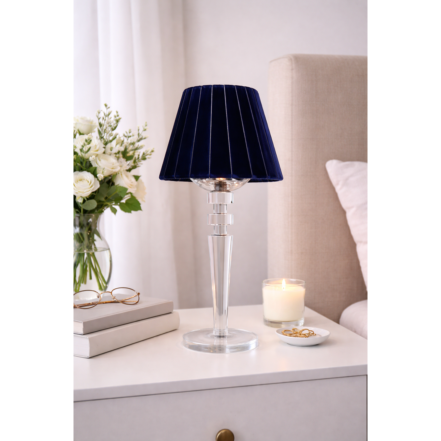 Tall Crystal Rechargeable Lamp with Navy Velvet Shade