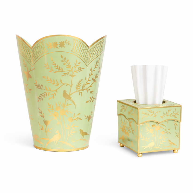 Spring Green & Gold Chinoiserie Wastepaper Basket & Tissue