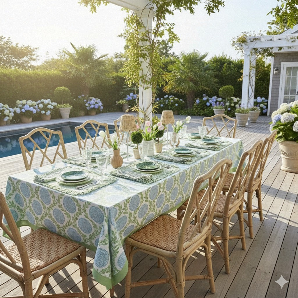 Blue and Green, Flowers & Vines - Tablecloth