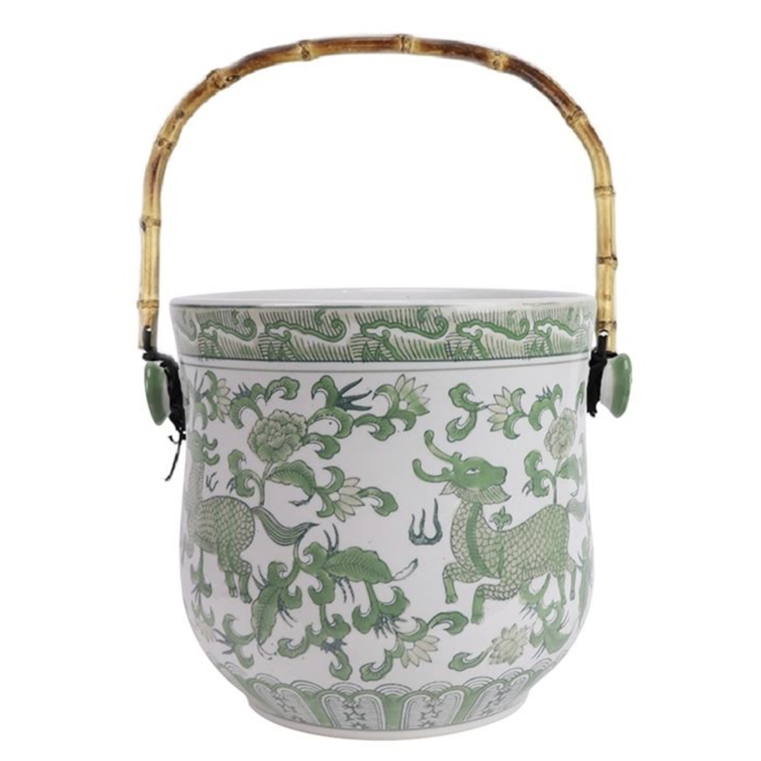 Green & White Bamboo Handle Ice Bucket