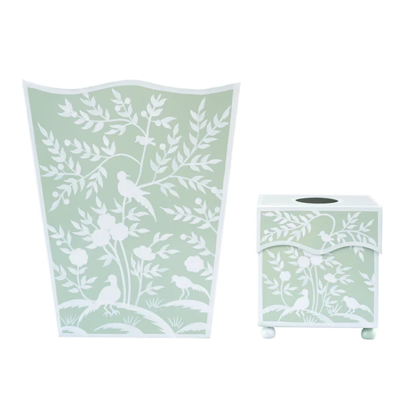 Green Bird & Vine Wastepaper Basket & Tissue