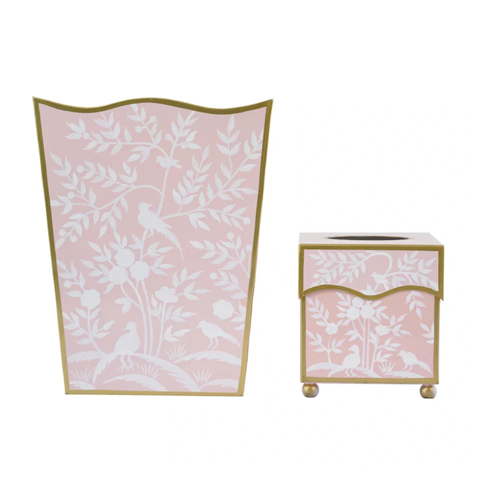 Pink Bird & Vine Wastepaper Basket & Tissue