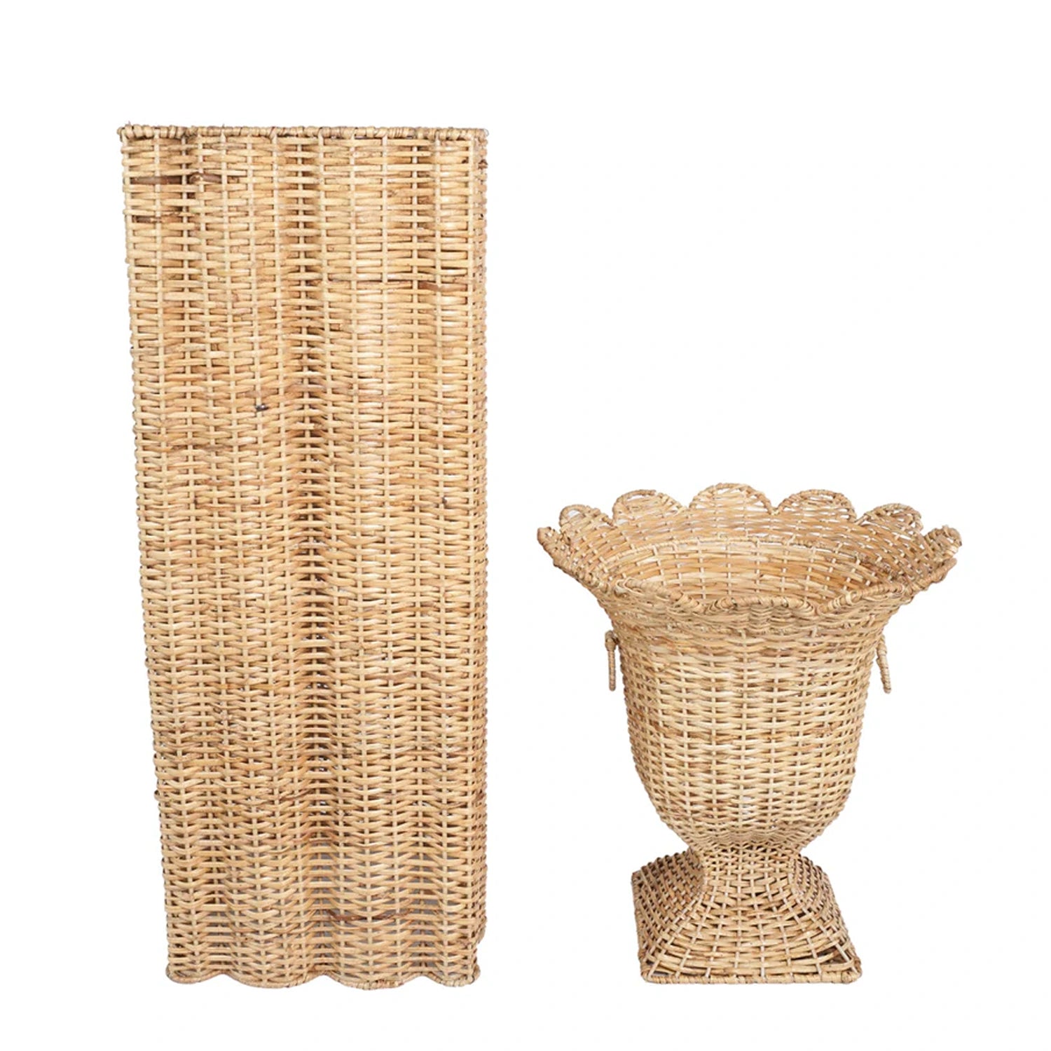 Square Scalloped Wicker Urn and Pedestal
