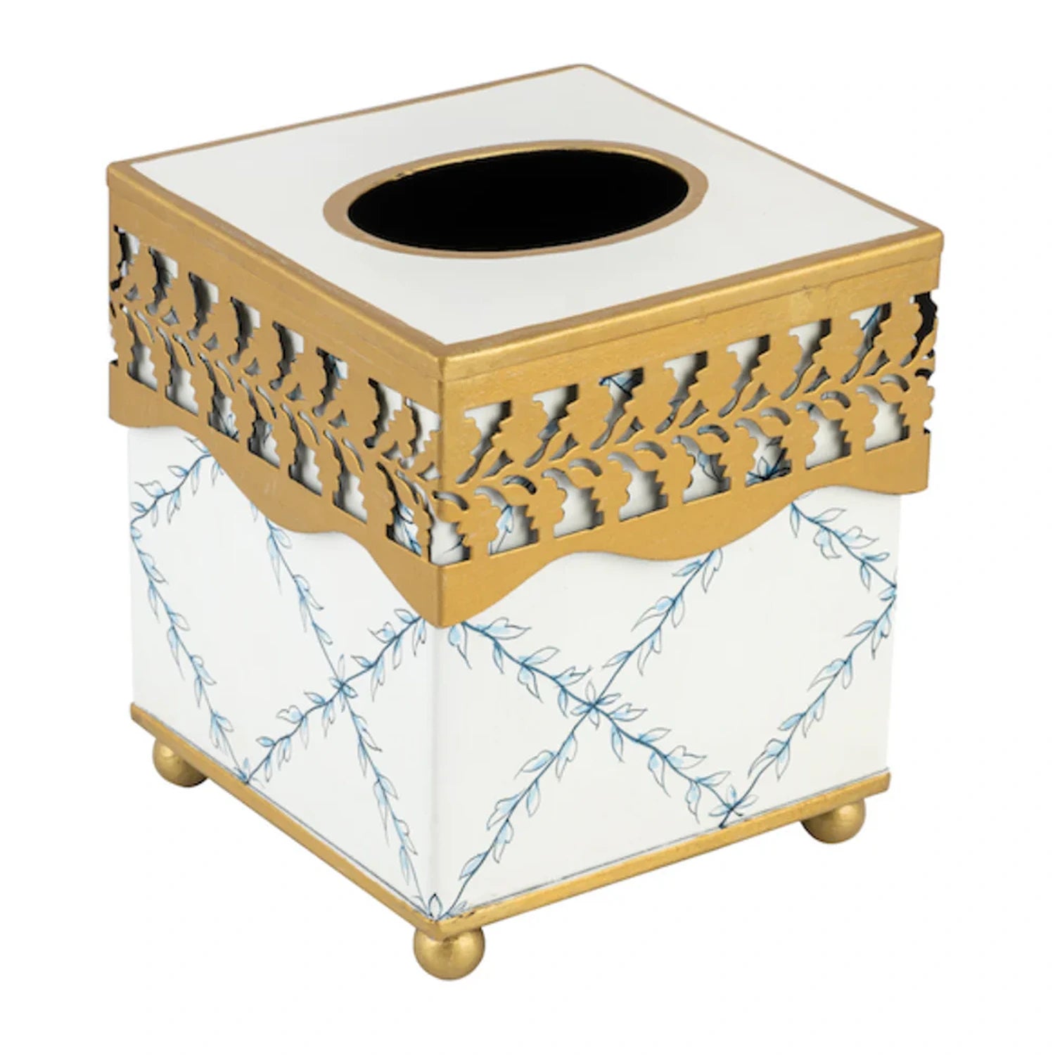 Ivory & Blue Pierced Gold Leaf Wastepaper Basket & Tissue (3 Options)
